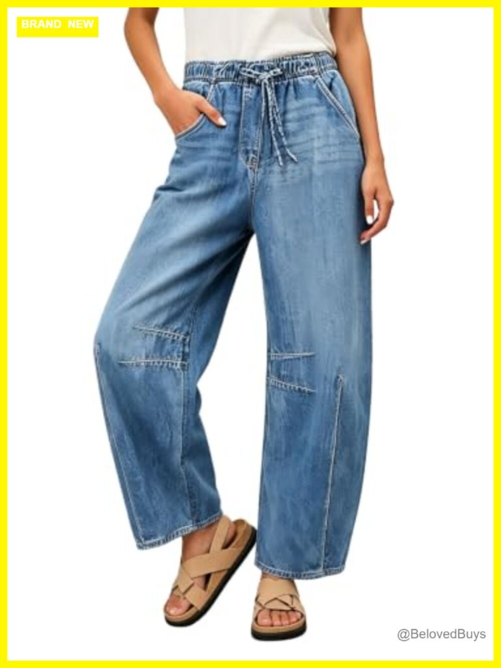 Women's Baggy Barrel Jeans Pull On Drawstring Elastic Waist Wide Leg Denim Pants